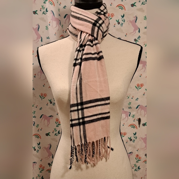Vintage Burberry Pink Cashmere Nova Check Neutral Boho Prep Scarf Wrap w/ Fringe - Picture 1 of 7